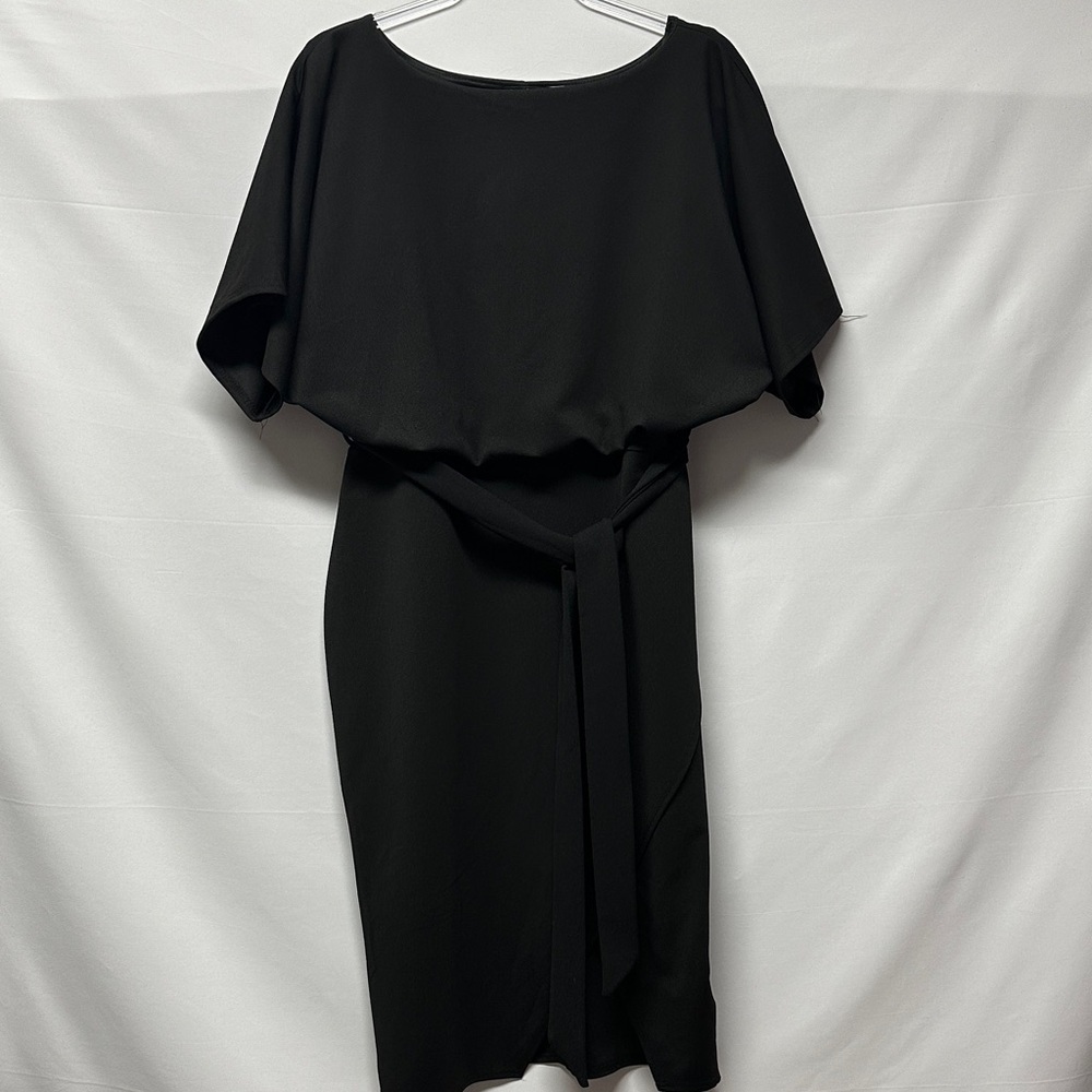 Boohoo Black Double Layer Batwing Midi Dress Tie Waist 14 - Picture 2 of 4